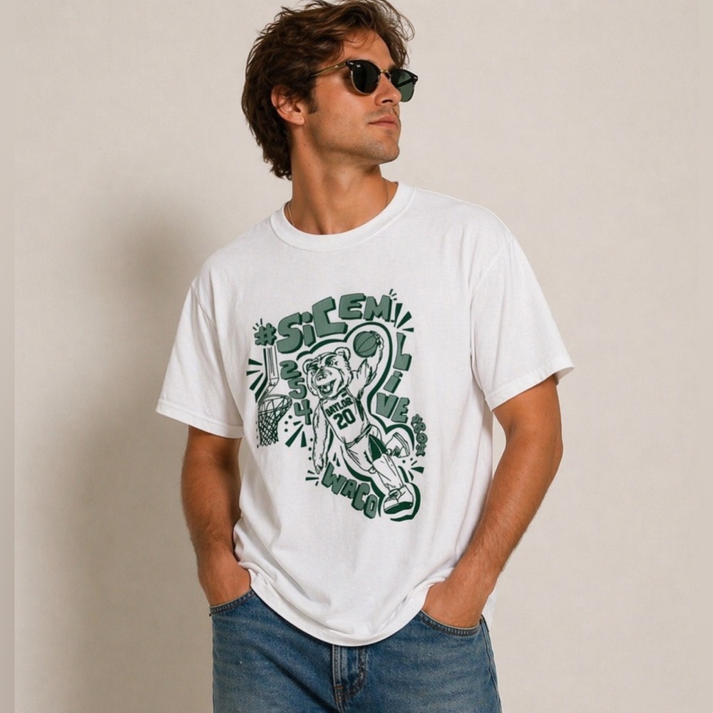 Baylor University White Tee Shirt S/Sleeve Basketball Fan Sic Em 254 Sz XLarge